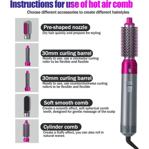 5 In 1 Electric Hair Dryer Blow Curler Set Detachable Styler Hot Air Brush Salon - Image 3